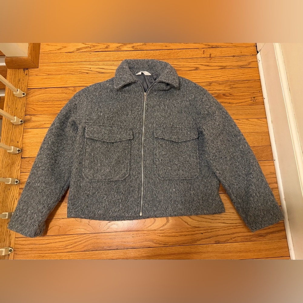 H&M Gray Textured Zip Jacket Cropped XS/S (14Y) NWOT Pockets Minimalist
